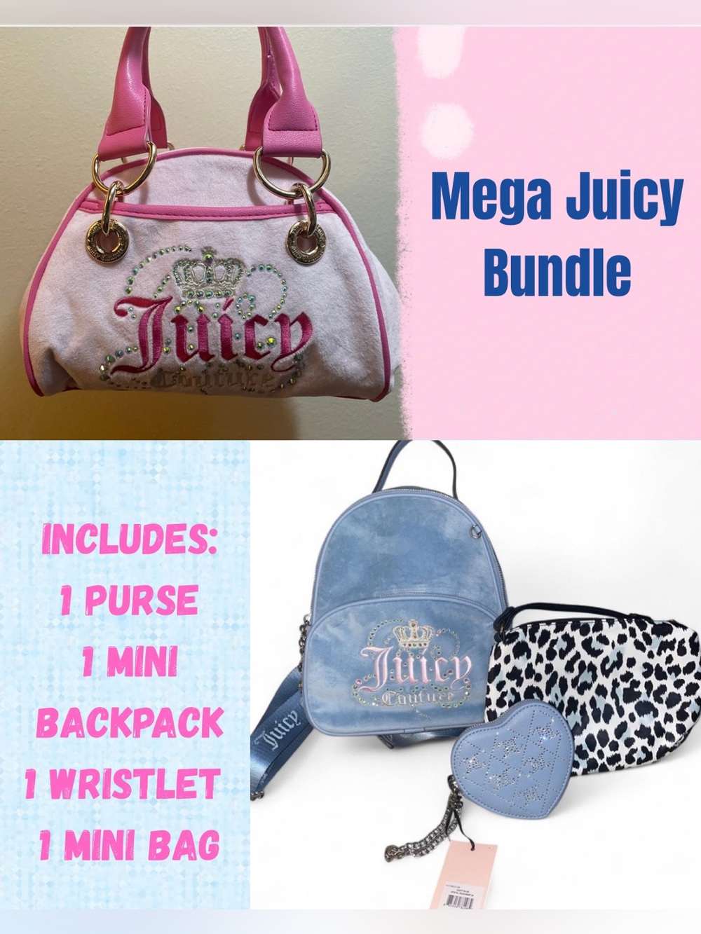 Juicy Couture Kids Pink and Light Blue Bag Set - Mini Purse & Backpack